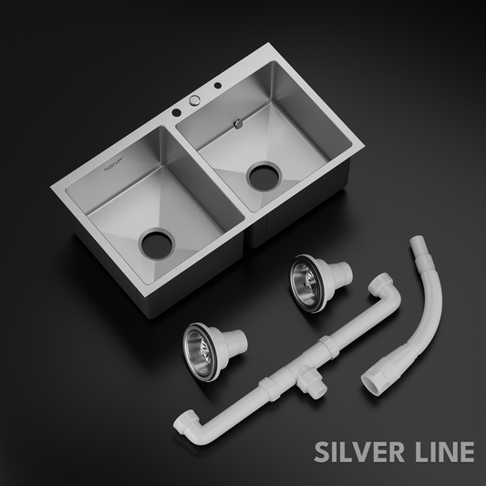 Handmade Double Bowl with Faucet Deck 304 Grade Kitchen Sink (32" x 18" x 9")