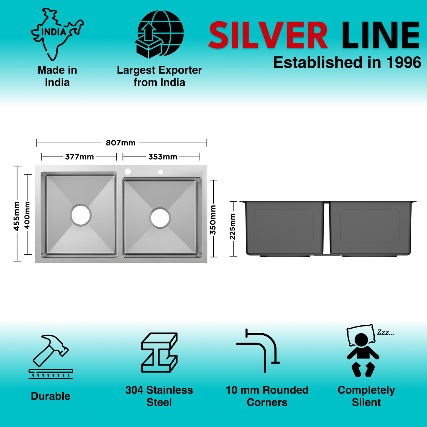 Handmade Double Bowl with Faucet Deck 304 Grade Kitchen Sink (32" x 18" x 9")
