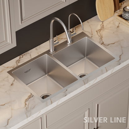 Handmade Double Bowl with Faucet Deck 304 Grade Kitchen Sink (34" x 20" x 9")