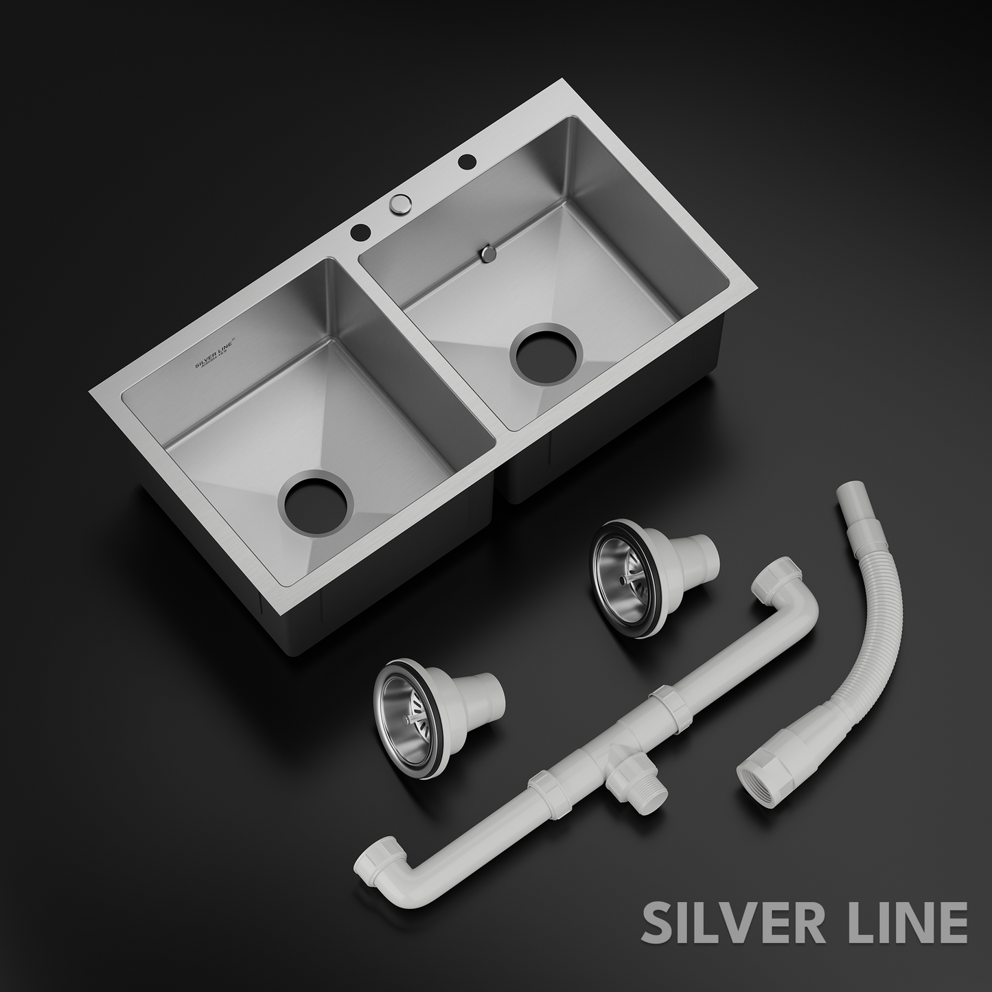 Handmade Double Bowl with Faucet Deck 304 Grade Kitchen Sink (34" x 20" x 9")