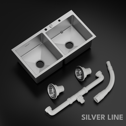 Handmade Double Bowl with Faucet Deck 304 Grade Kitchen Sink (34" x 20" x 9")