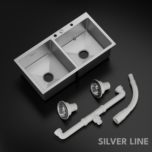 Handmade Double Bowl with Faucet Deck 304 Grade Kitchen Sink (34" x 20" x 9")