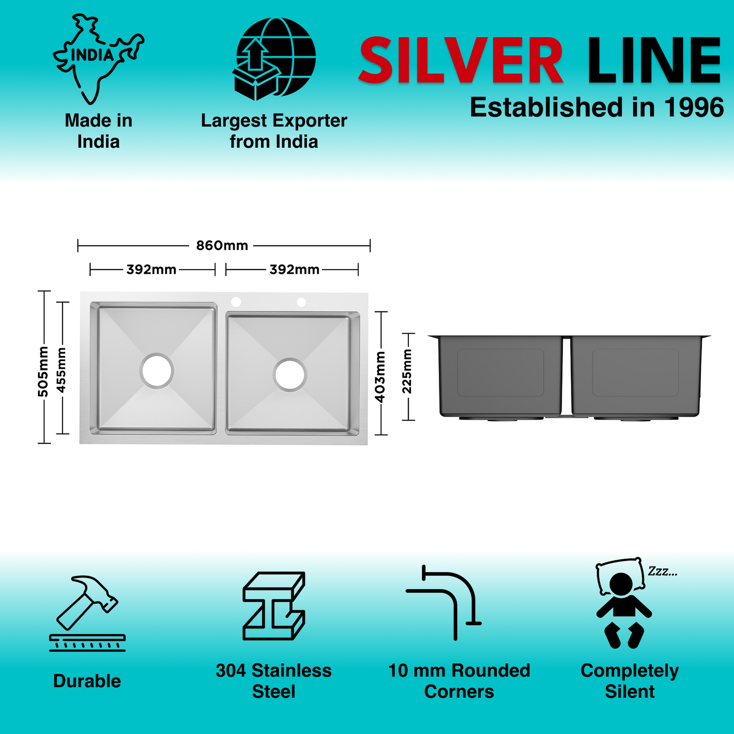 Handmade Double Bowl with Faucet Deck 304 Grade Kitchen Sink (34" x 20" x 9")