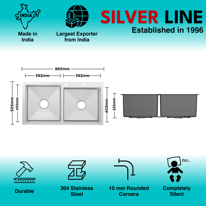 Handmade Double Bowl with Faucet Deck 304 Grade Kitchen Sink (34" x 20" x 9")