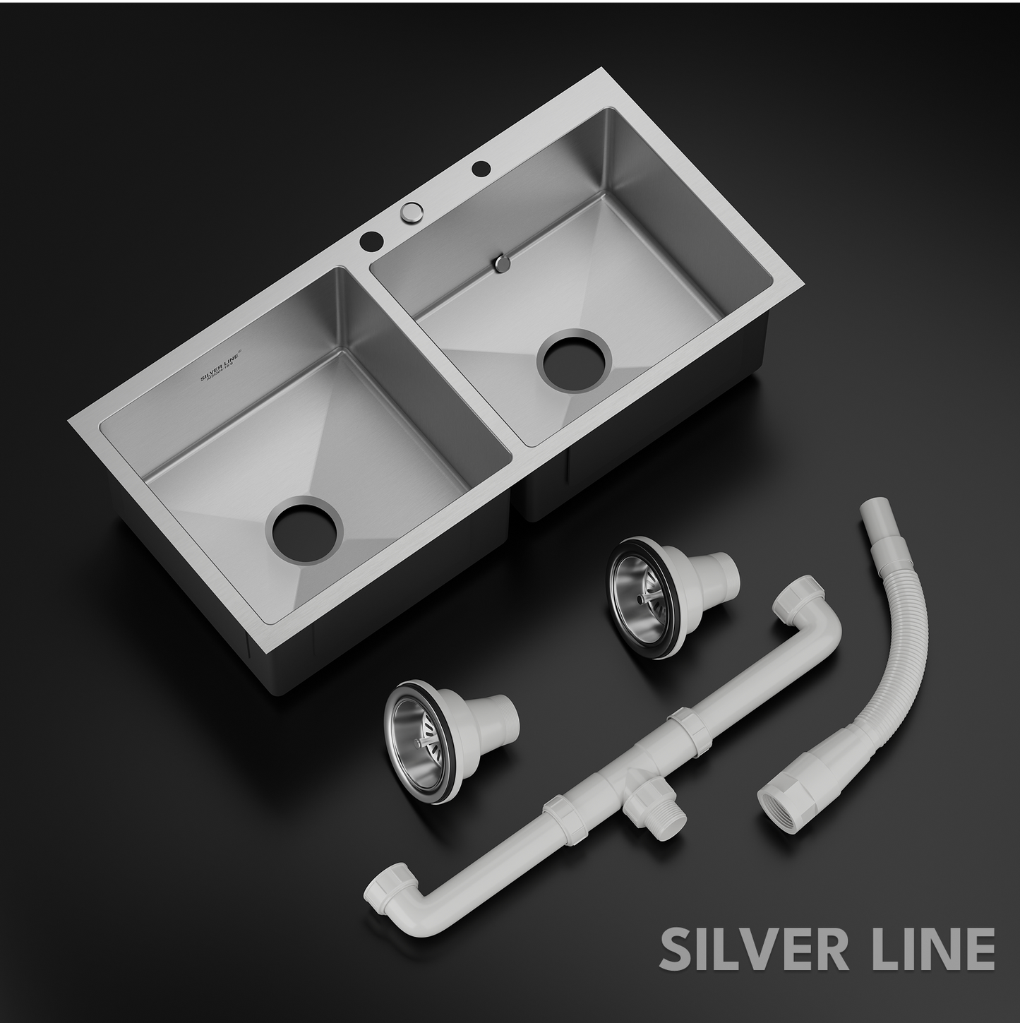 Handmade Double Bowl with Faucet Deck 304 Grade Kitchen Sink (37" x 18" x 9")