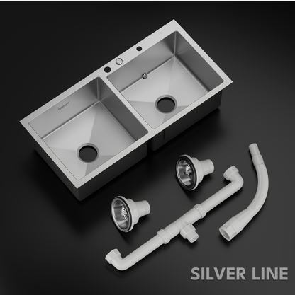 Handmade Double Bowl with Faucet Deck 304 Grade Kitchen Sink (37" x 18" x 9")