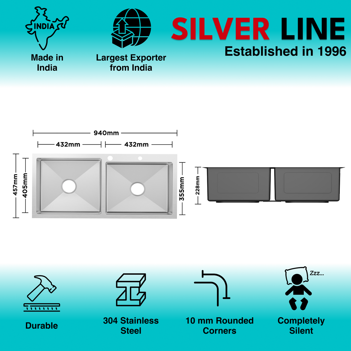 Handmade Double Bowl with Faucet Deck 304 Grade Kitchen Sink (37" x 18" x 9")