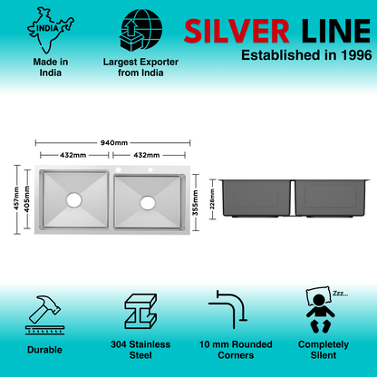 Handmade Double Bowl with Faucet Deck 304 Grade Kitchen Sink (37" x 18" x 9")