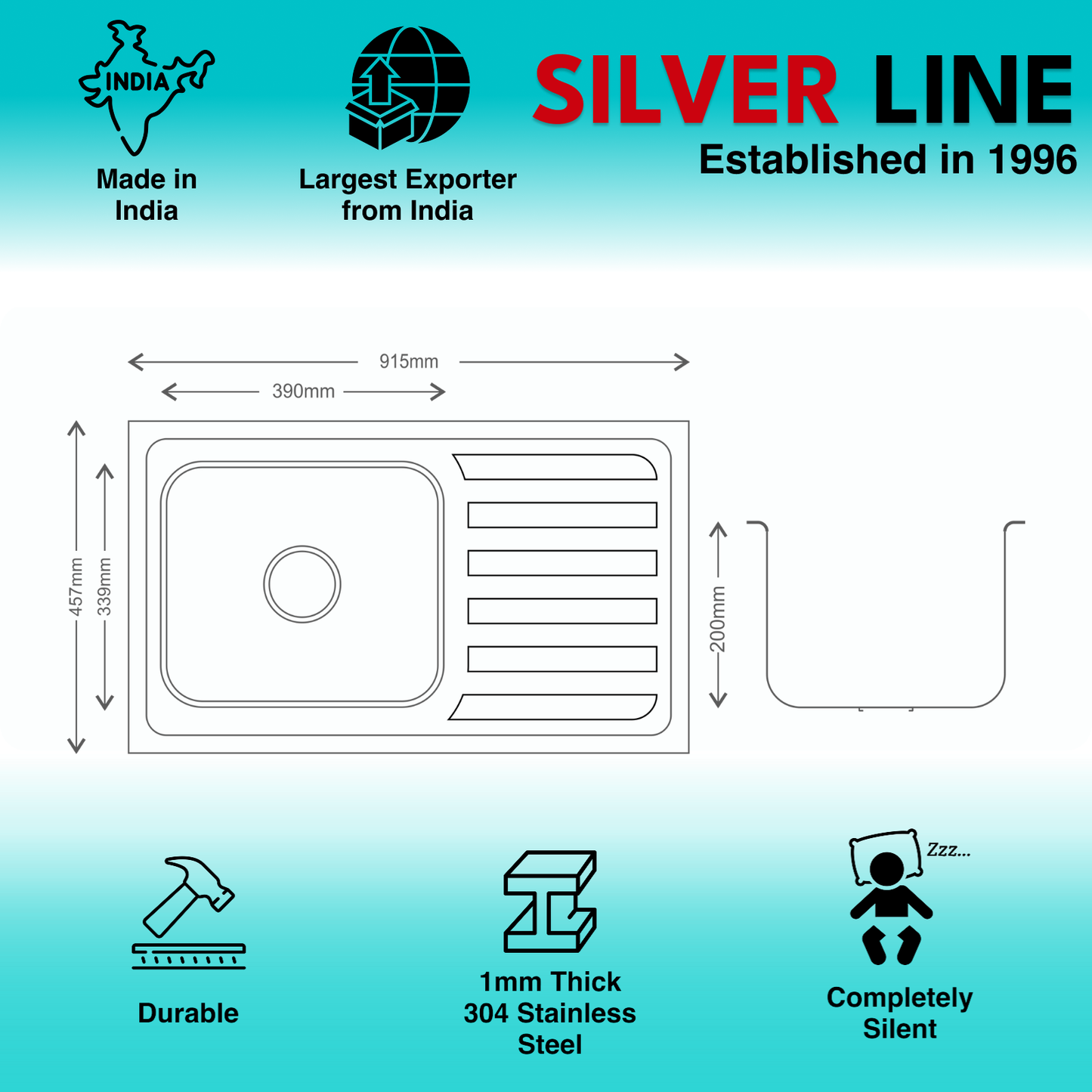 Regular Series Single Bowl With Single Drain 304 Grade Kitchen Sink (36" x 18" x 8")