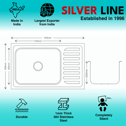 Regular Series Single Bowl With Drainboard 304 Grade Kitchen Sink (36" x 20" x 8")