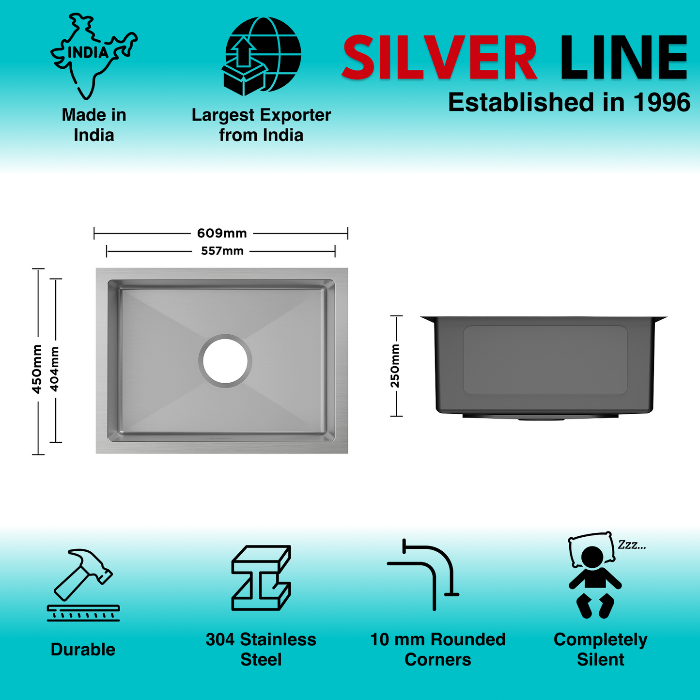 Handmade Single Bowl 304 Grade Kitchen Sink (24" x 18" x 10")
