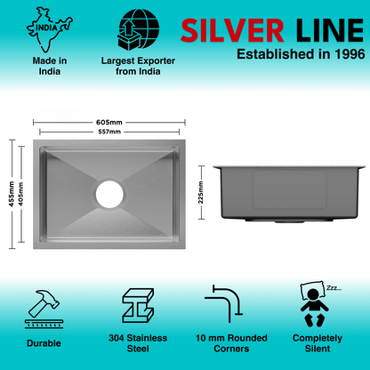 Handmade Single Bowl 304 Grade Kitchen Sink (24" x 18" x 9")