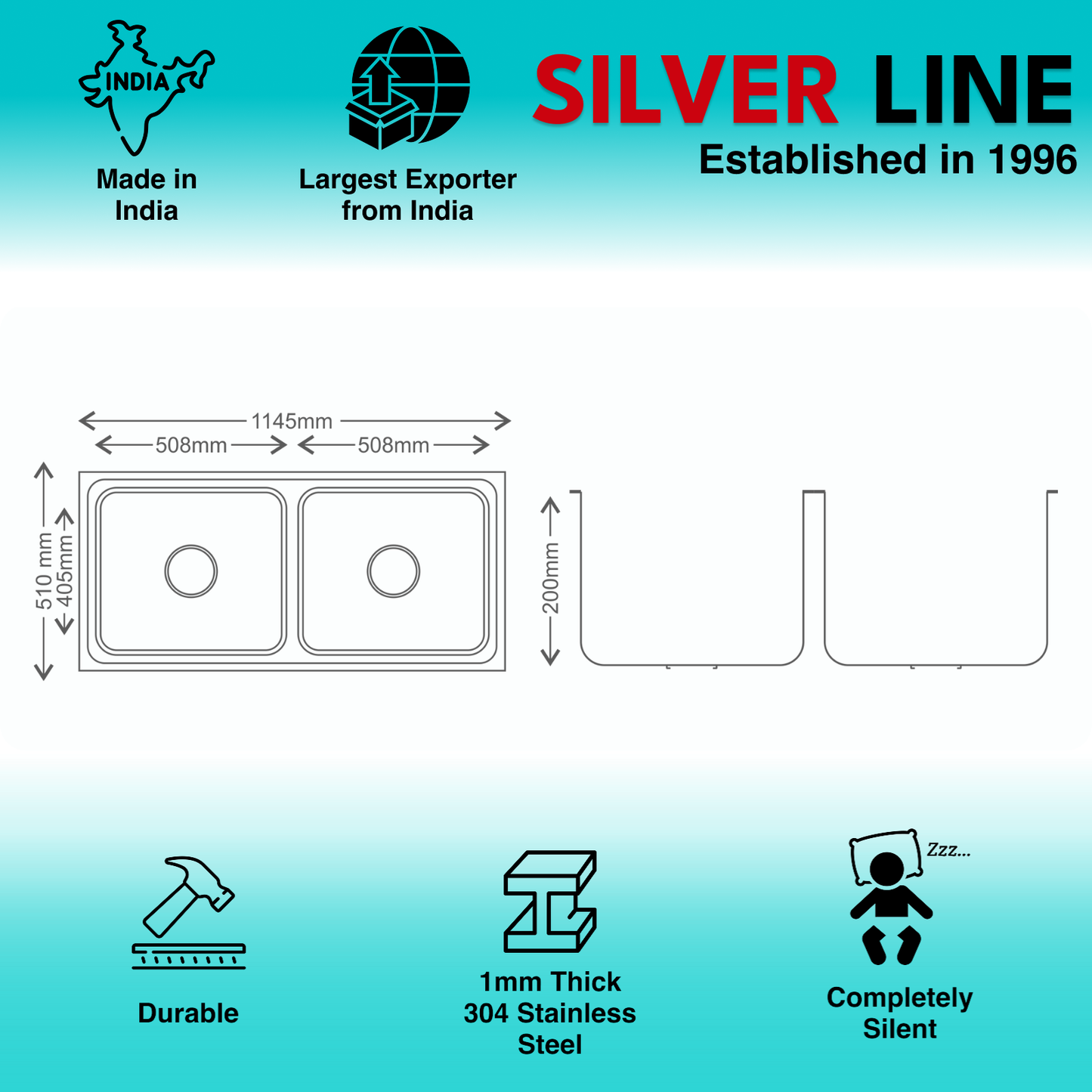 Regular Series Double Bowl 304 Grade Kitchen Sink (45" x 20" x 8")