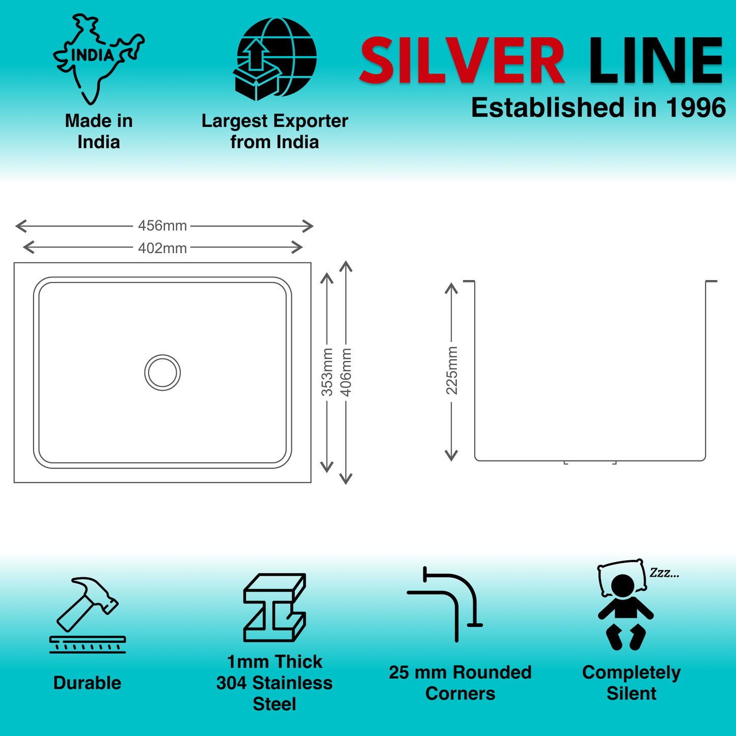 Low Radius Single Bowl 304 Grade Kitchen Sink (18" x 16" x 9")