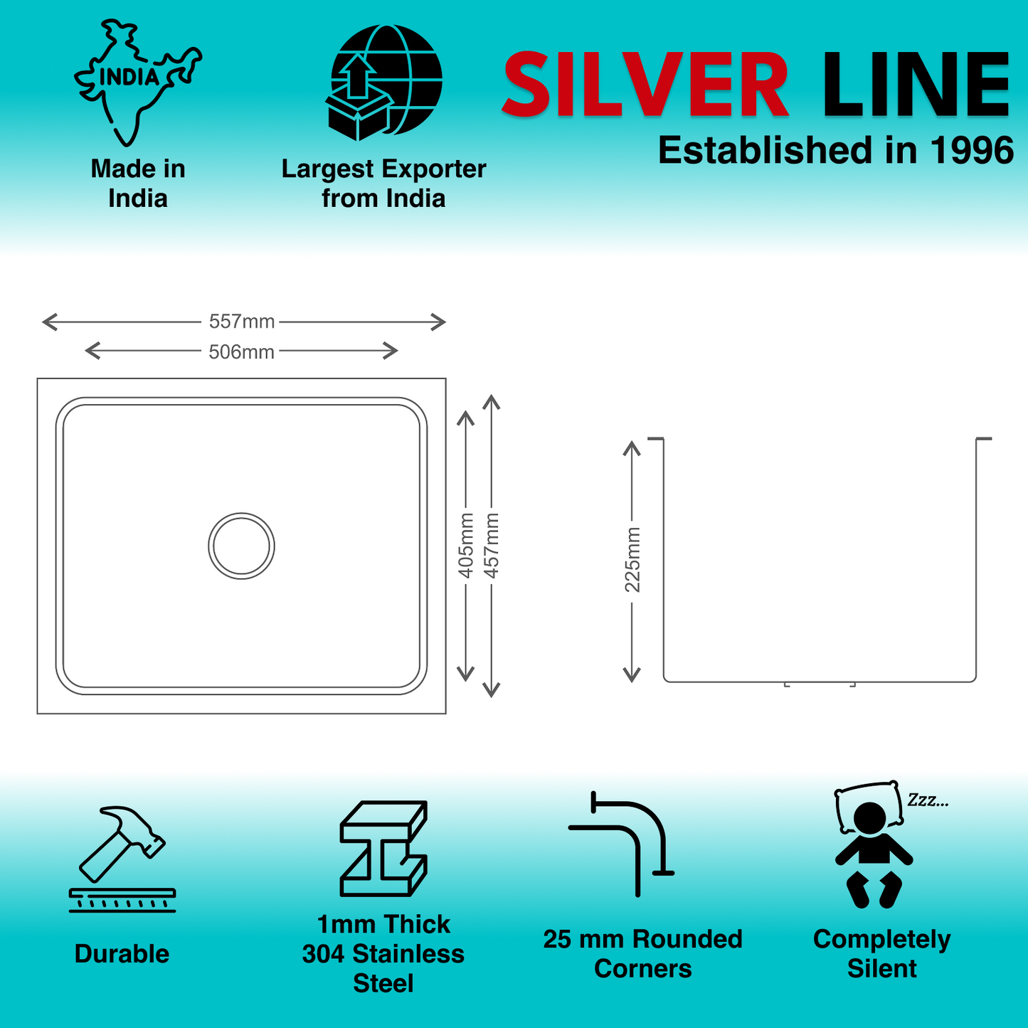 Low Radius Single Bowl 304 Grade Kitchen Sink (22" x 18" x 9")