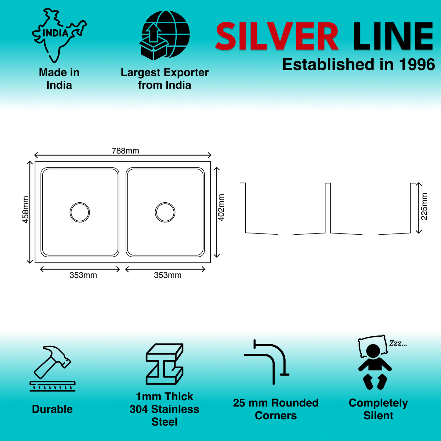 Low Radius Double Bowl 304 Grade Kitchen Sink (31" x 18" x 9")