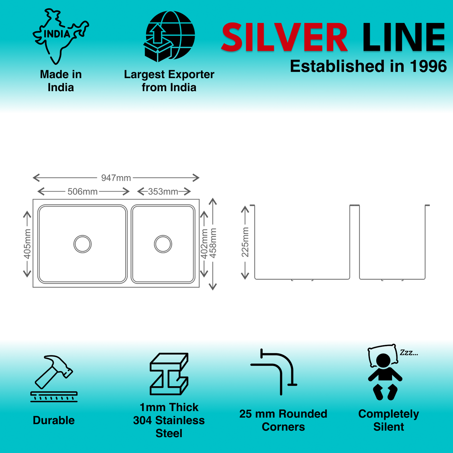 Low Radius Double Bowl 304 Grade Kitchen Sink (37" x 18" x 9")