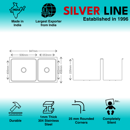 Low Radius Double Bowl 304 Grade Kitchen Sink (37" x 18" x 9")