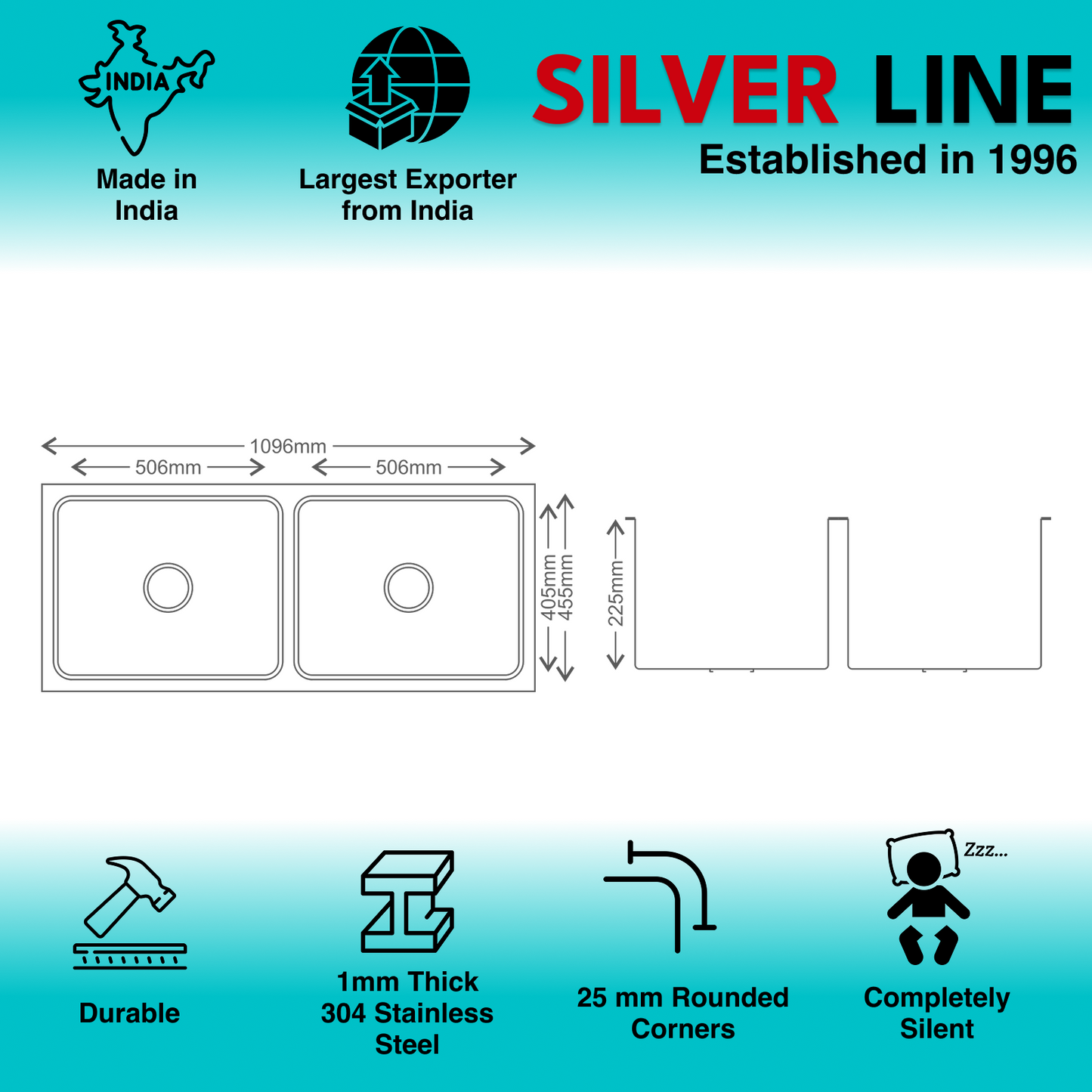 Low Radius Double Bowl 304 Grade Kitchen Sink (43" x 18" x 9")