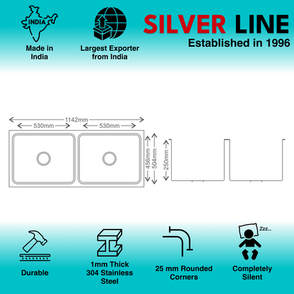 Low Radius Double Bowl 304 Grade Kitchen Sink (45" x 20" x 10")