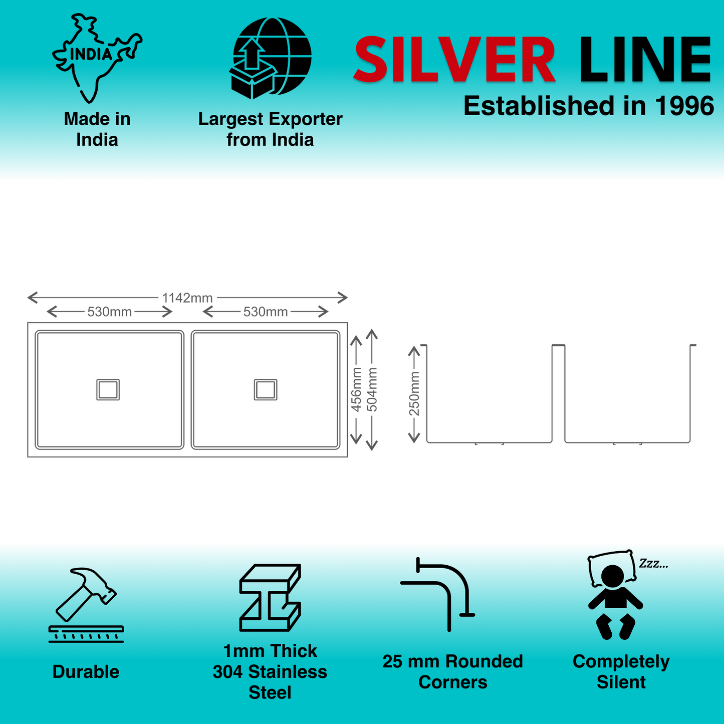 Diamond Cut Low Radius Double Bowl 304 Grade Kitchen Sink (45" x 20" x 10")