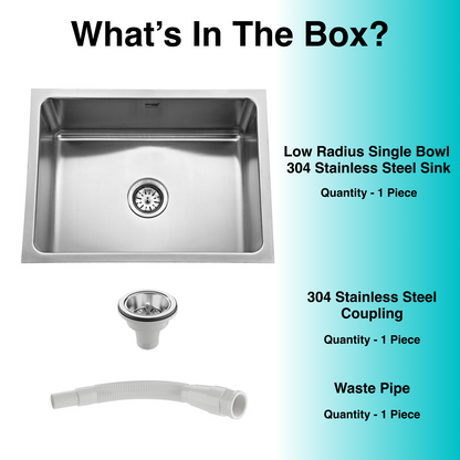 Low Radius With Single Bowl 304 Grade Kitchen Sink (24" x 18" x 10")