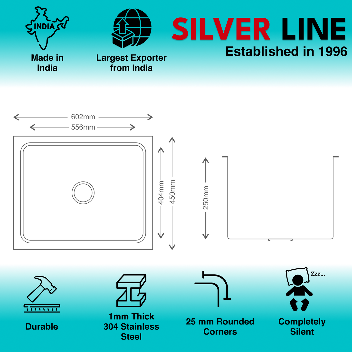 Low Radius With Single Bowl 304 Grade Kitchen Sink (24" x 18" x 10")