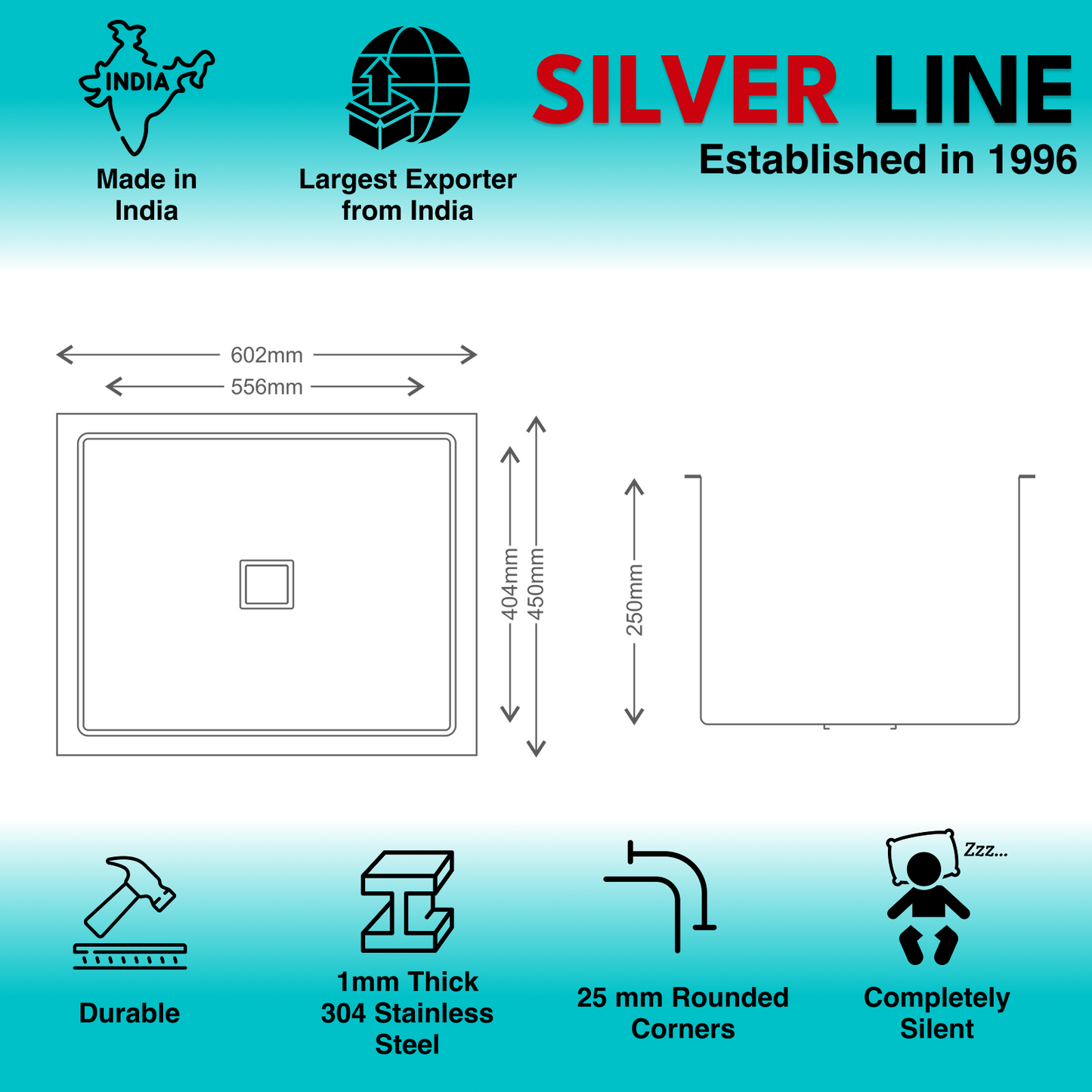 Diamond Cut Low Radius Single Bowl 304 Grade Kitchen Sink (24" x 18" x 10")