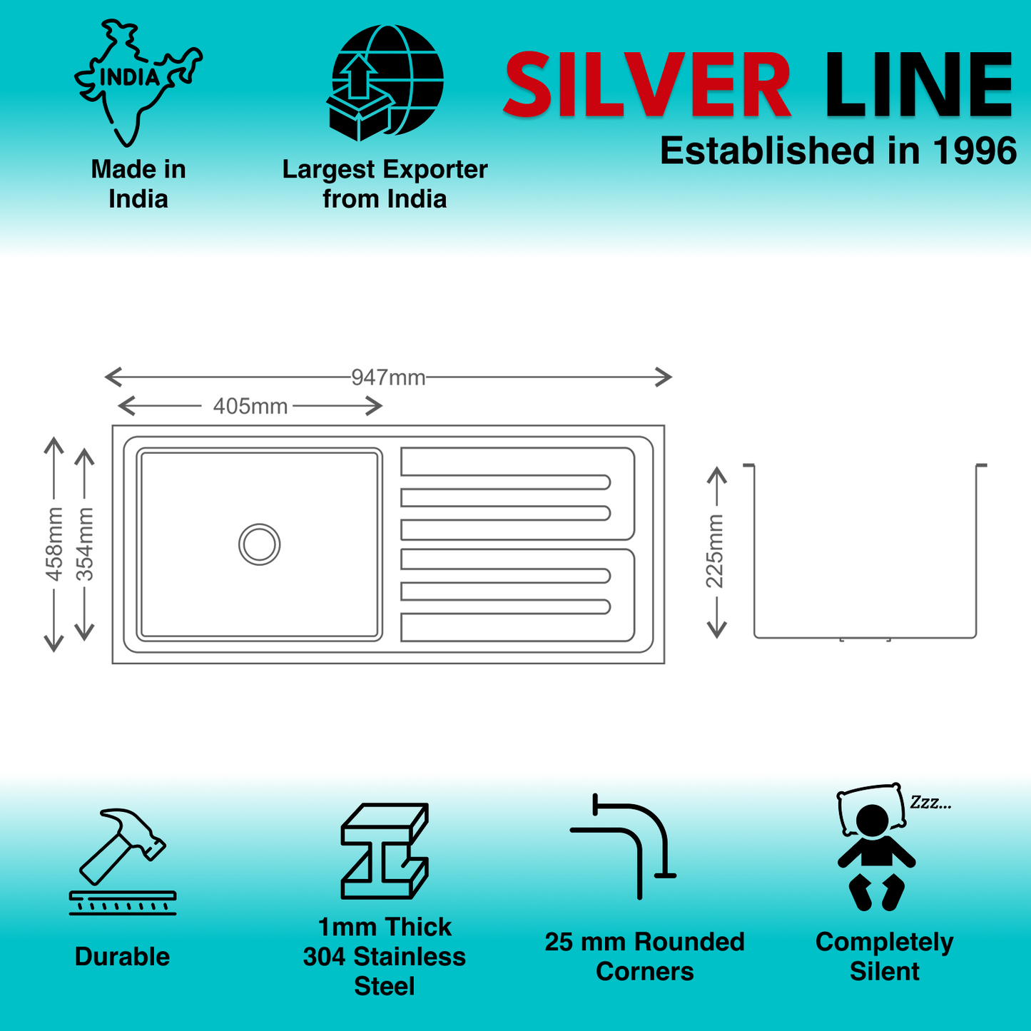 Low Radius Single Bowl With Drainboard 304 Grade Kitchen Sink (37" x 18" x 9")