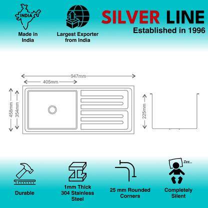 Low Radius Single Bowl With Drainboard 304 Grade Kitchen Sink (37" x 18" x 9")