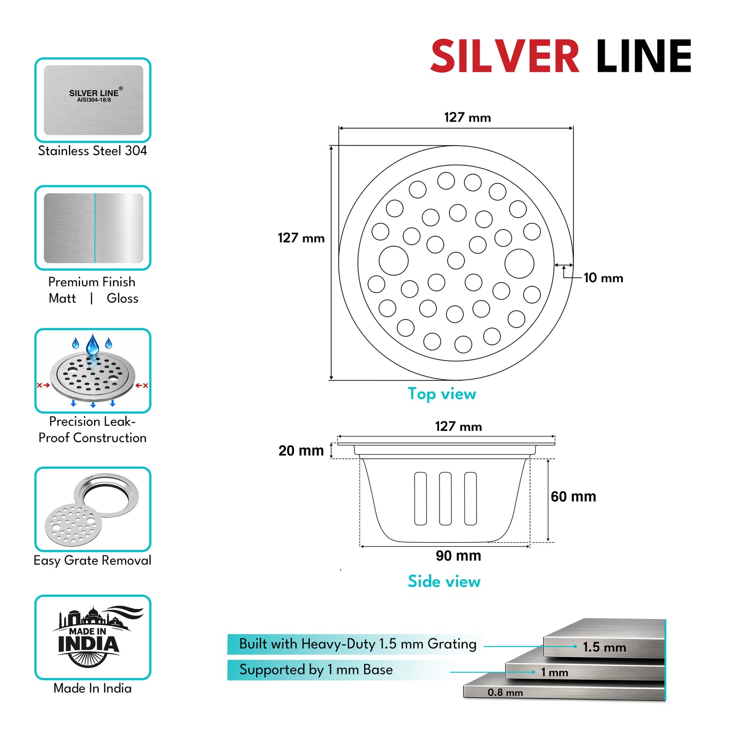 Round Floor Drain with Cockroach Trap (5" x 5") | SS 304 | Gloss Finish | For Bathroom, Kitchen, Balcony - Silver Line