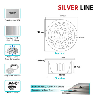 Round Floor Drain with Cockroach Trap (5" x 5") | SS 304 | Gloss Finish | For Bathroom, Kitchen, Balcony - Silver Line