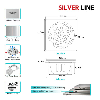 Square Floor Drain (Round Cutout) with Cockroach Trap (5" x 5") | SS 304 | Gloss Finish | For Bathroom, Kitchen, Balcony - Silver Line