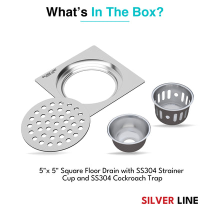 Square Floor Drain (Round Cutout) with Cockroach Trap (5" x 5") | SS 304 | Gloss Finish | For Bathroom, Kitchen, Balcony - Silver Line