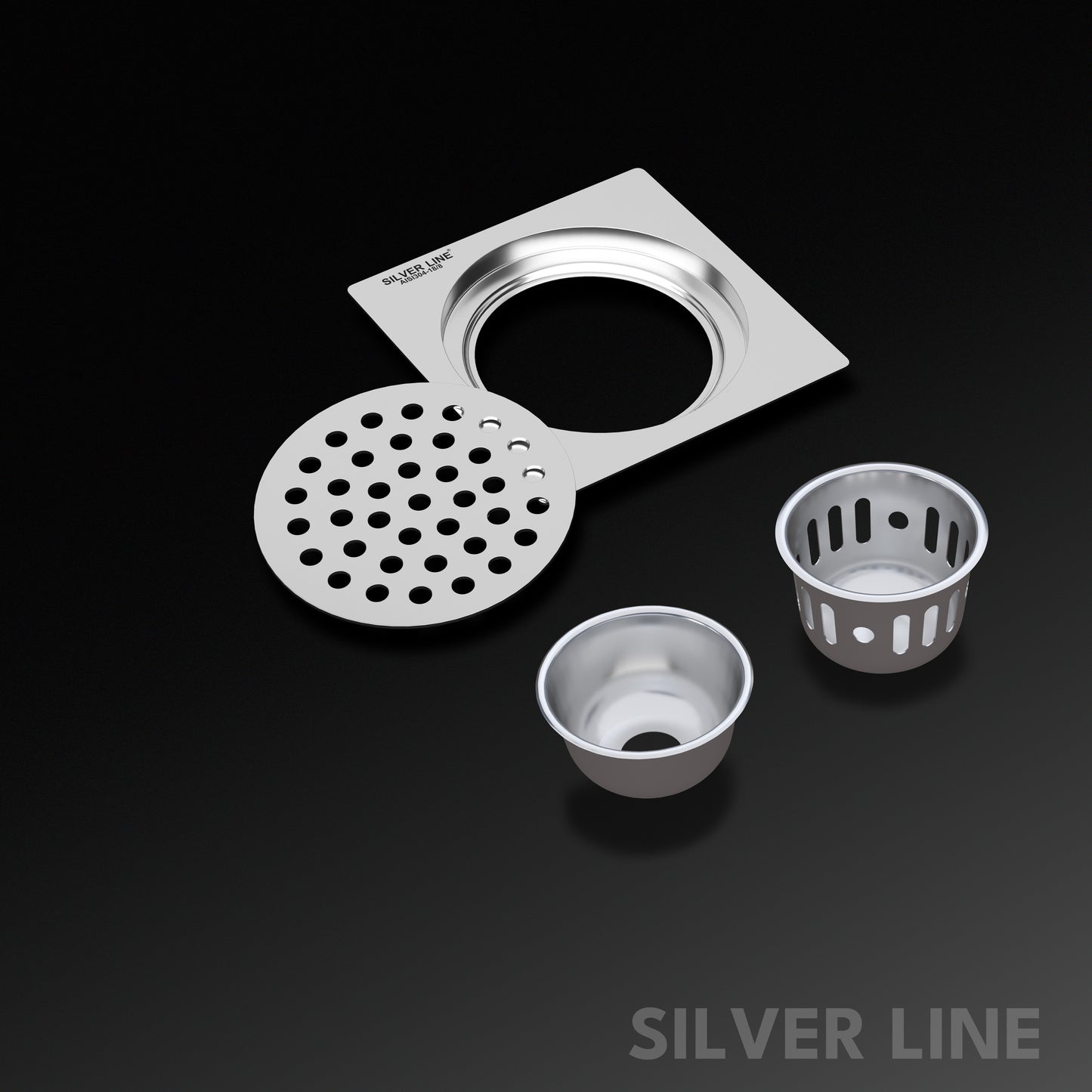 Square Floor Drain (Round Cutout) with Cockroach Trap (5" x 5") | SS 304 | Gloss Finish | For Bathroom, Kitchen, Balcony - Silver Line