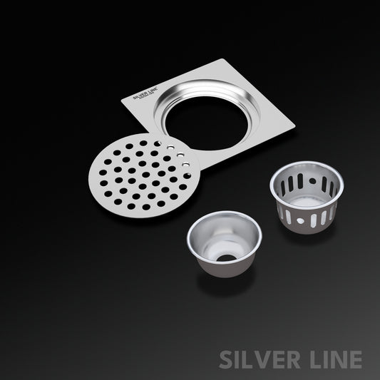 Square Floor Drain (Round Cutout) with Cockroach Trap (5" x 5") | SS 304 | Gloss Finish | For Bathroom, Kitchen, Balcony - Silver Line