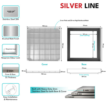 Recessed Manhole Cover (28" x 28") | SS 304 - Heavy Duty with Tile/Marble Insert for Indoor & Outdoor Use - Silver Line