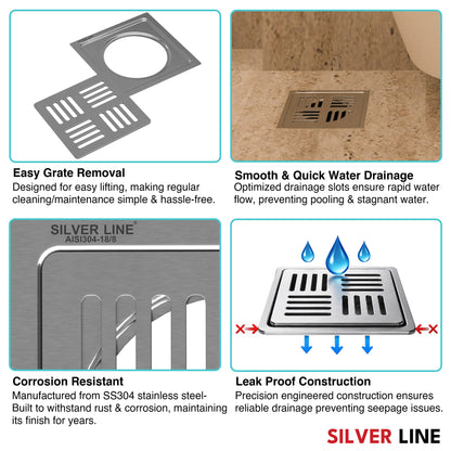 Square Floor Drain (5" x 5") | SS 304 | Matt & Gloss Finish | For Bathroom, Kitchen, Balcony - Silver Line