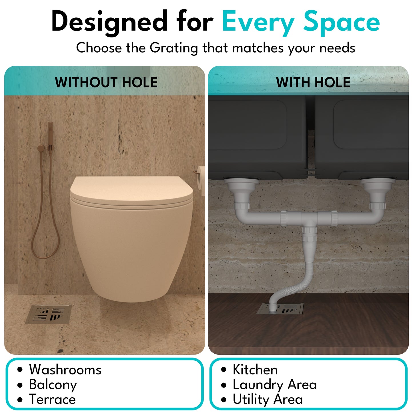 Square Cut Design Floor Drain (5" x 5") | SS 304 | Matt & Gloss Finish | For Bathroom, Kitchen, Balcony - Silver Line
