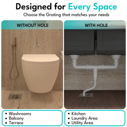 Square Floor Drain (Round Cutout) with Cockroach Trap (5" x 5") | SS 304 | Gloss Finish | For Bathroom, Kitchen, Balcony - Silver Line