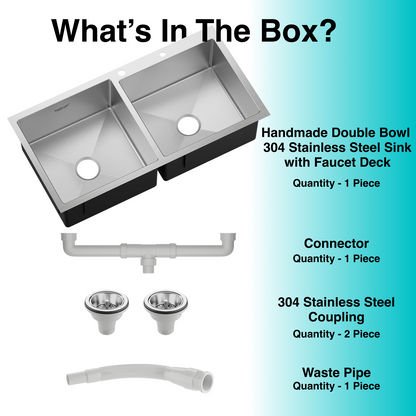 Handmade Double Bowl with Faucet Deck 304 Grade Kitchen Sink (34" x 20" x 9")