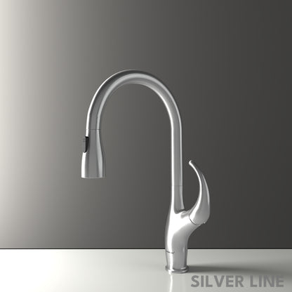 Swan Neck Pull-Down Kitchen Sink Faucet with Two-Function Spray Head - Silver Line