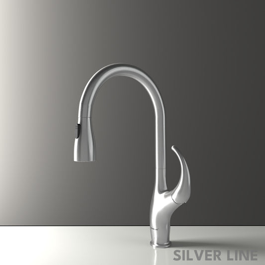 Swan Neck Pull-Down Kitchen Sink Faucet with Two-Function Spray Head - Silver Line