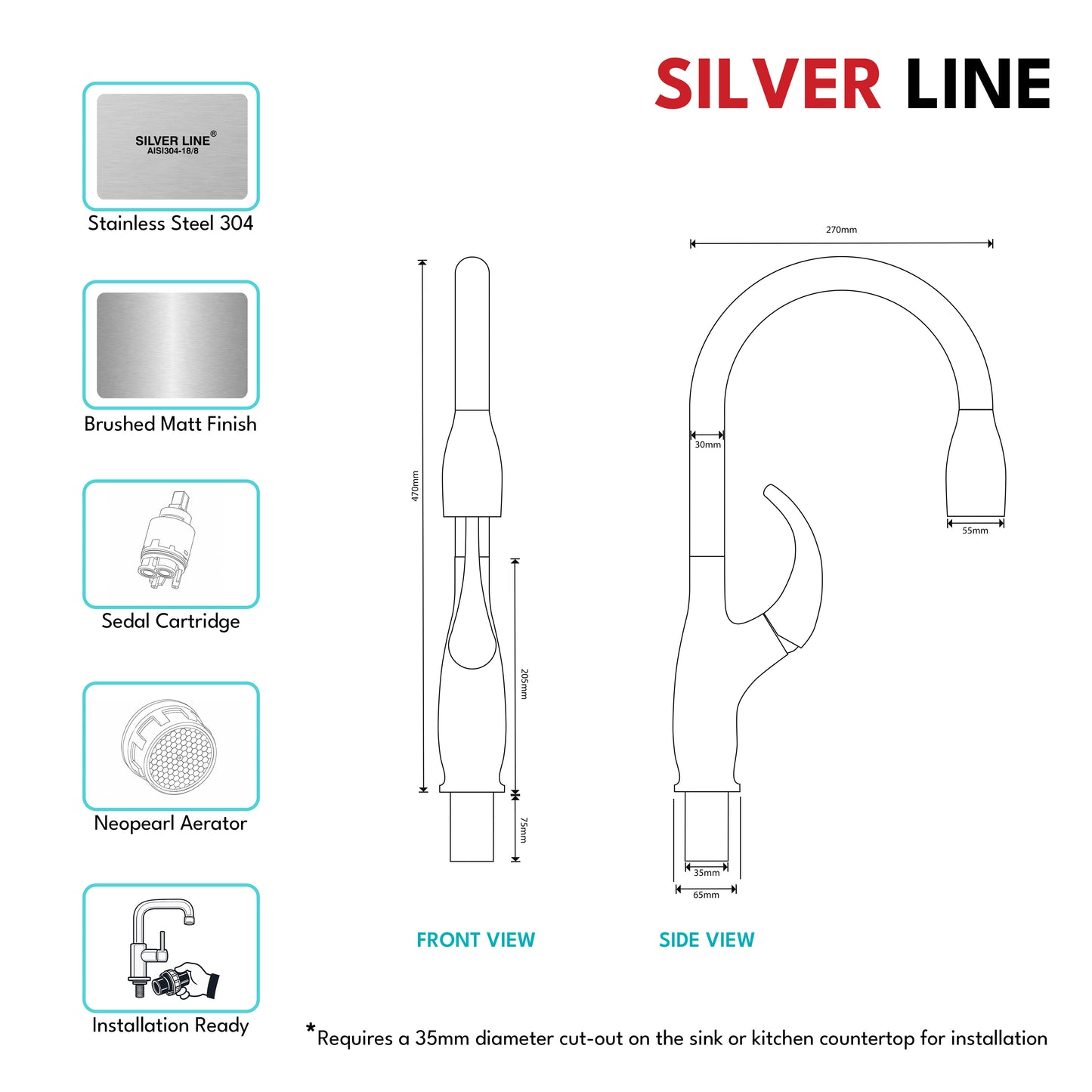 Swan Neck Pull-Down Kitchen Sink Faucet with Two-Function Spray Head - Silver Line