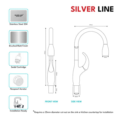 Swan Neck Pull-Down Kitchen Sink Faucet with Two-Function Spray Head - Silver Line