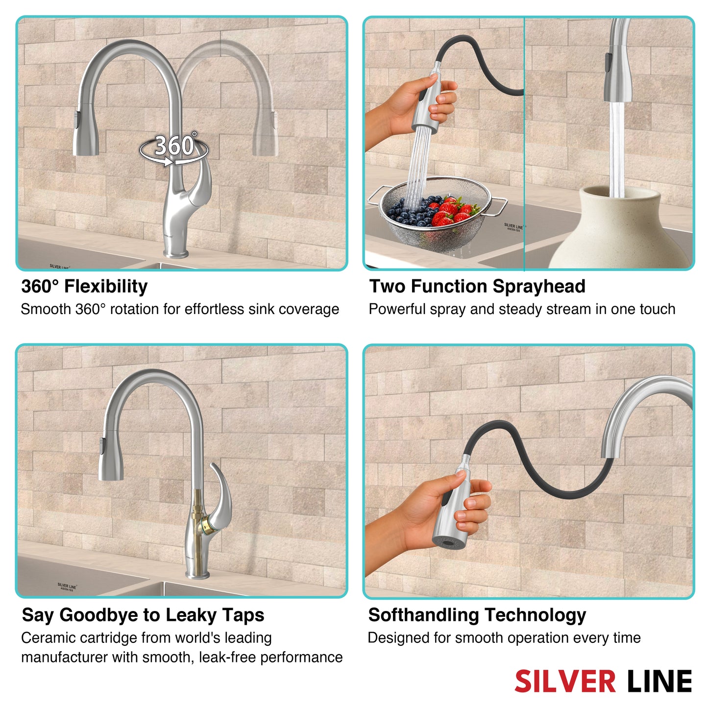 Swan Neck Pull-Down Kitchen Sink Faucet with Two-Function Spray Head - Silver Line