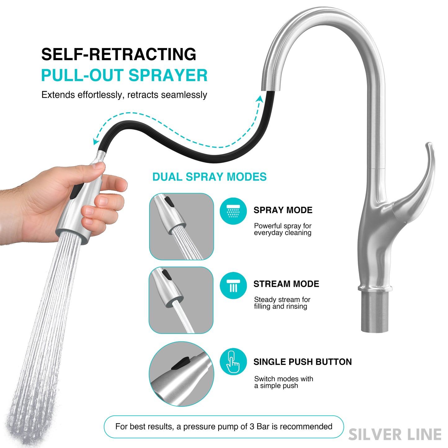 Swan Neck Pull-Down Kitchen Sink Faucet with Two-Function Spray Head - Silver Line