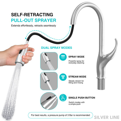 Swan Neck Pull-Down Kitchen Sink Faucet with Two-Function Spray Head - Silver Line