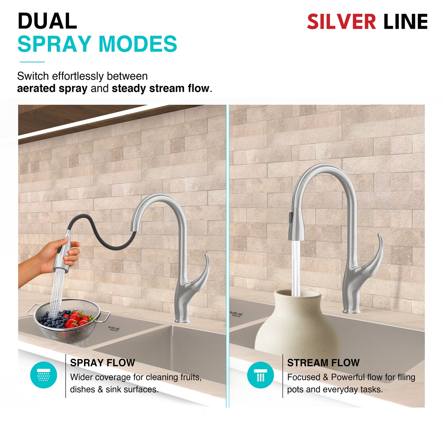 Swan Neck Pull-Down Kitchen Sink Faucet with Two-Function Spray Head - Silver Line
