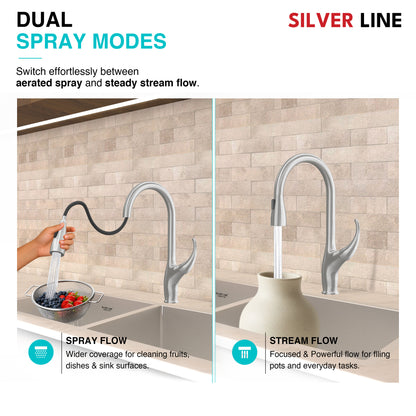 Swan Neck Pull-Down Kitchen Sink Faucet with Two-Function Spray Head - Silver Line